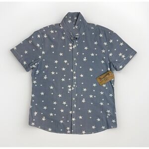 Roebuck Co Star Print Button Up Collar Shirt Blue Short Sleeve Mens Size XL